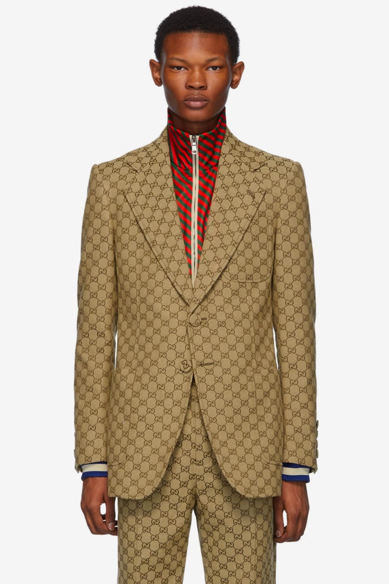 Gucci Brown GG Logo jacquard Suit & Patch Cap Release Info blazer jacket trousers joggers info price ssense buy now 