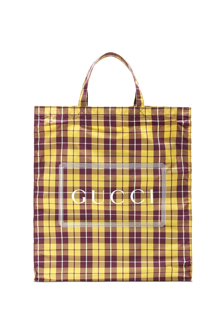 Gucci Menswear Tote Bags Runway Ad Campaing Coated Cotton Floral Check Box Print Pink Black Yellow Burgundy $790 USD Pre-Fall 2019