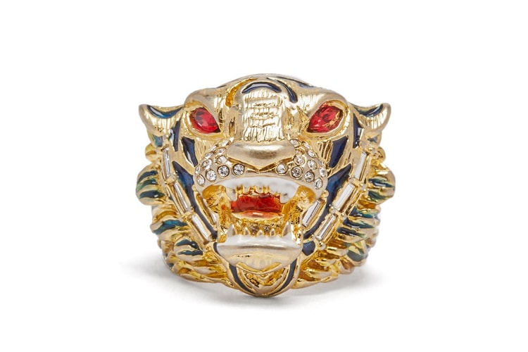 Gucci Drops Antique Gold Crystal-Embellished Tiger Head Ring
