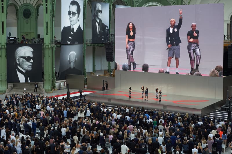 chanel fendi karl lagerfeld paris memorial tribute performances grand palais pharrell williams gigi hadid tilda swinton