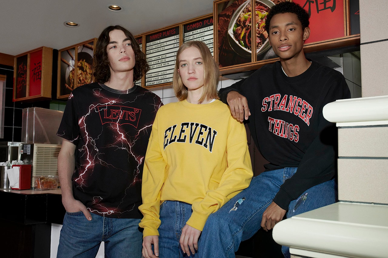Levi's Stranger Things Capsule Collection Lookbook Netflix Series Season 3 Fall Winter 2019 FW19 Drop Mens Womens First Look 1985 Eleven Dustin Graphic T Shirts Sweatshirts Trucker Hat 