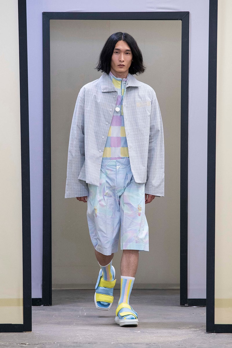 Maison Kitsuné Paris Fashion Week Men's Spring/Summer 2020 SS20 Collection Runway Looks Pastel Neon Fox Logo Branding KHROMIS Eyewear Sebago Michel Vivien Footwear Collaborations Yuni Ahn Creative Director 