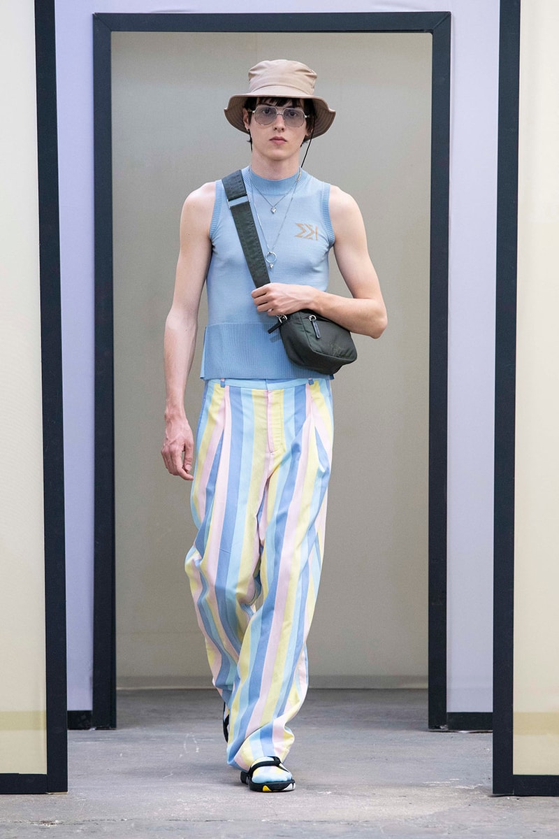 Maison Kitsuné Paris Fashion Week Men's Spring/Summer 2020 SS20 Collection Runway Looks Pastel Neon Fox Logo Branding KHROMIS Eyewear Sebago Michel Vivien Footwear Collaborations Yuni Ahn Creative Director 