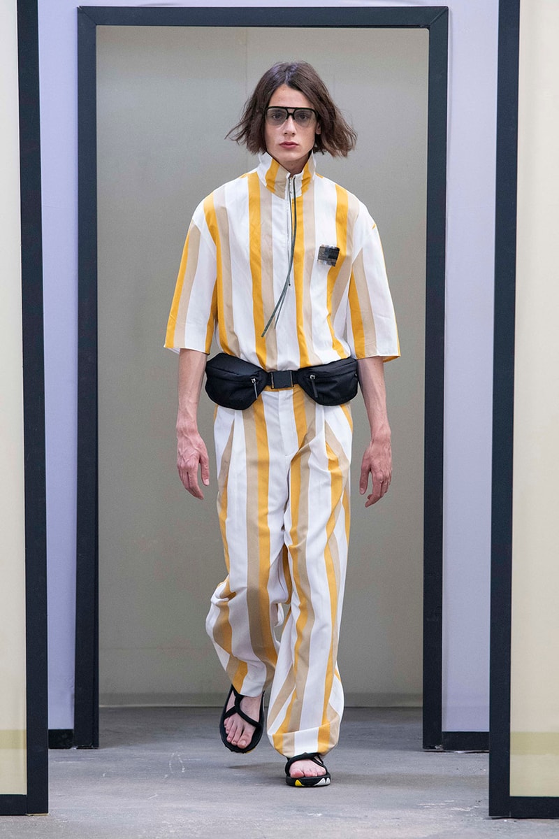 Maison Kitsuné Paris Fashion Week Men's Spring/Summer 2020 SS20 Collection Runway Looks Pastel Neon Fox Logo Branding KHROMIS Eyewear Sebago Michel Vivien Footwear Collaborations Yuni Ahn Creative Director 