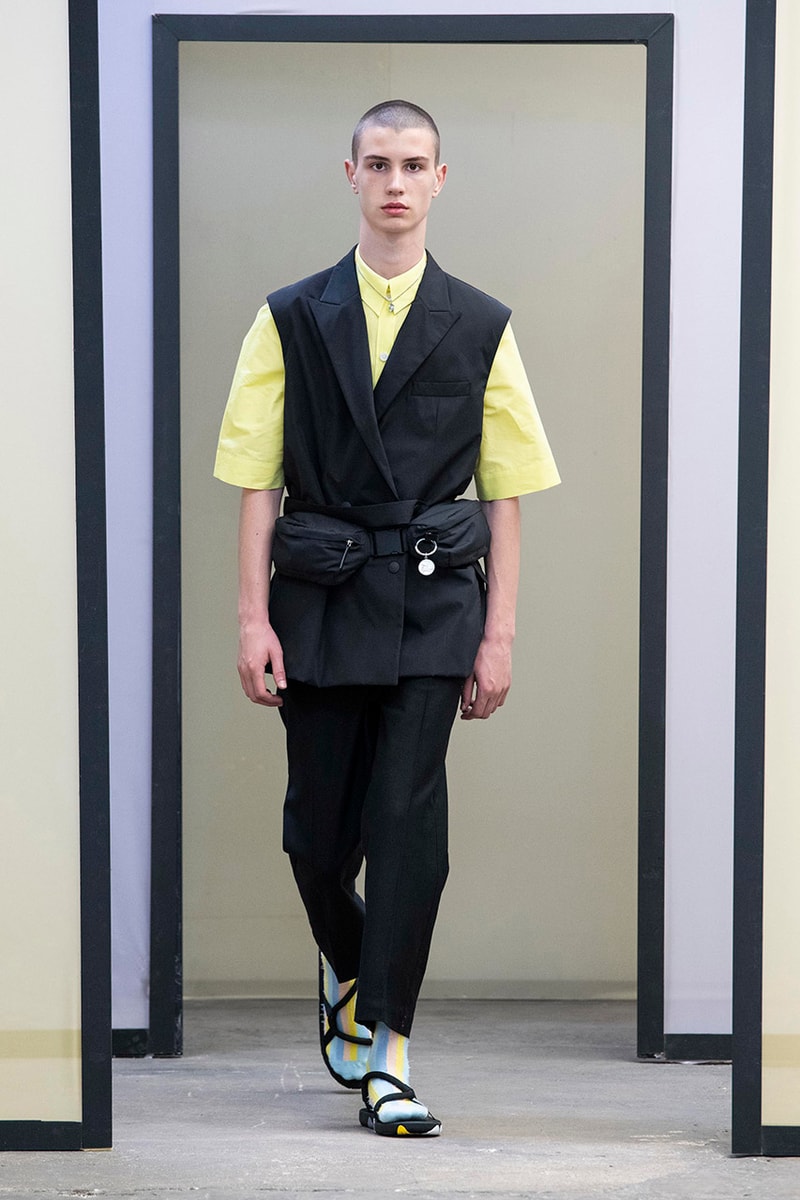 Maison Kitsuné Paris Fashion Week Men's Spring/Summer 2020 SS20 Collection Runway Looks Pastel Neon Fox Logo Branding KHROMIS Eyewear Sebago Michel Vivien Footwear Collaborations Yuni Ahn Creative Director 