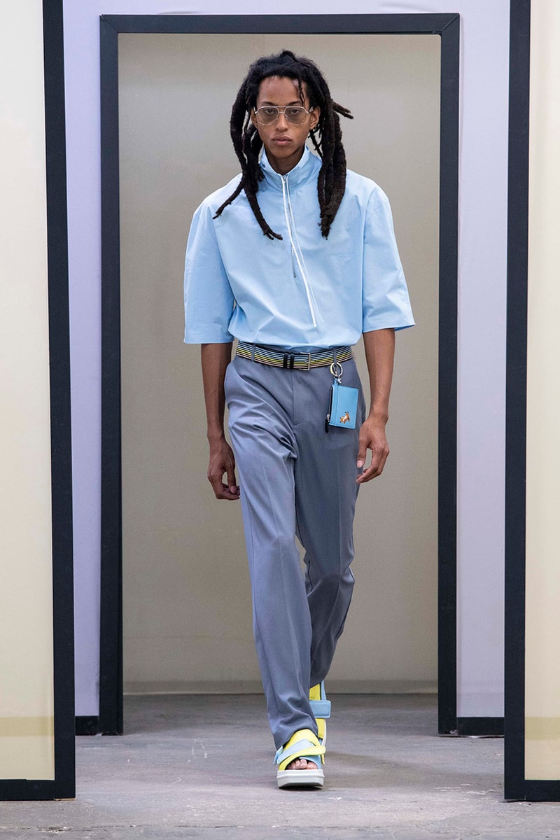 Maison Kitsuné Paris Fashion Week Men's Spring/Summer 2020 SS20 Collection Runway Looks Pastel Neon Fox Logo Branding KHROMIS Eyewear Sebago Michel Vivien Footwear Collaborations Yuni Ahn Creative Director 