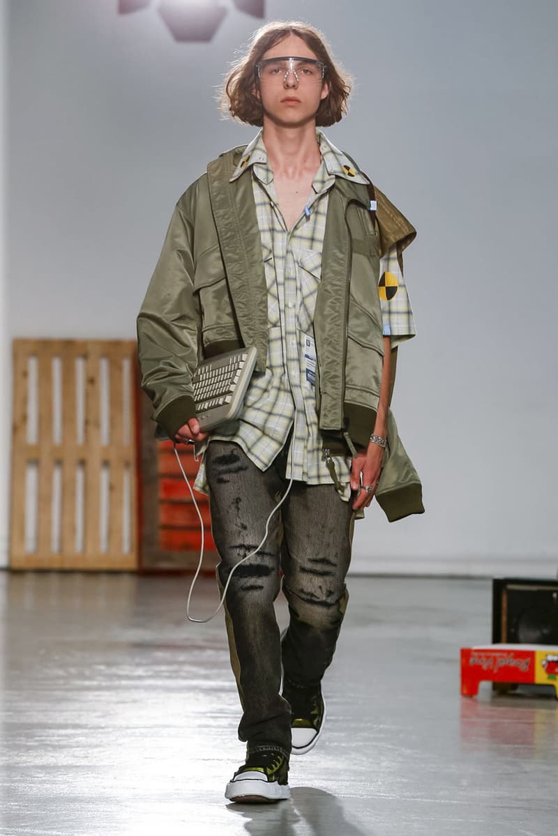 Maison Mihara Yasuhiro Spring Summer 2020 Collection Paris Fashion Week Melting sneakers deconstruction jackets runway fashion biker jacket flames plaid 