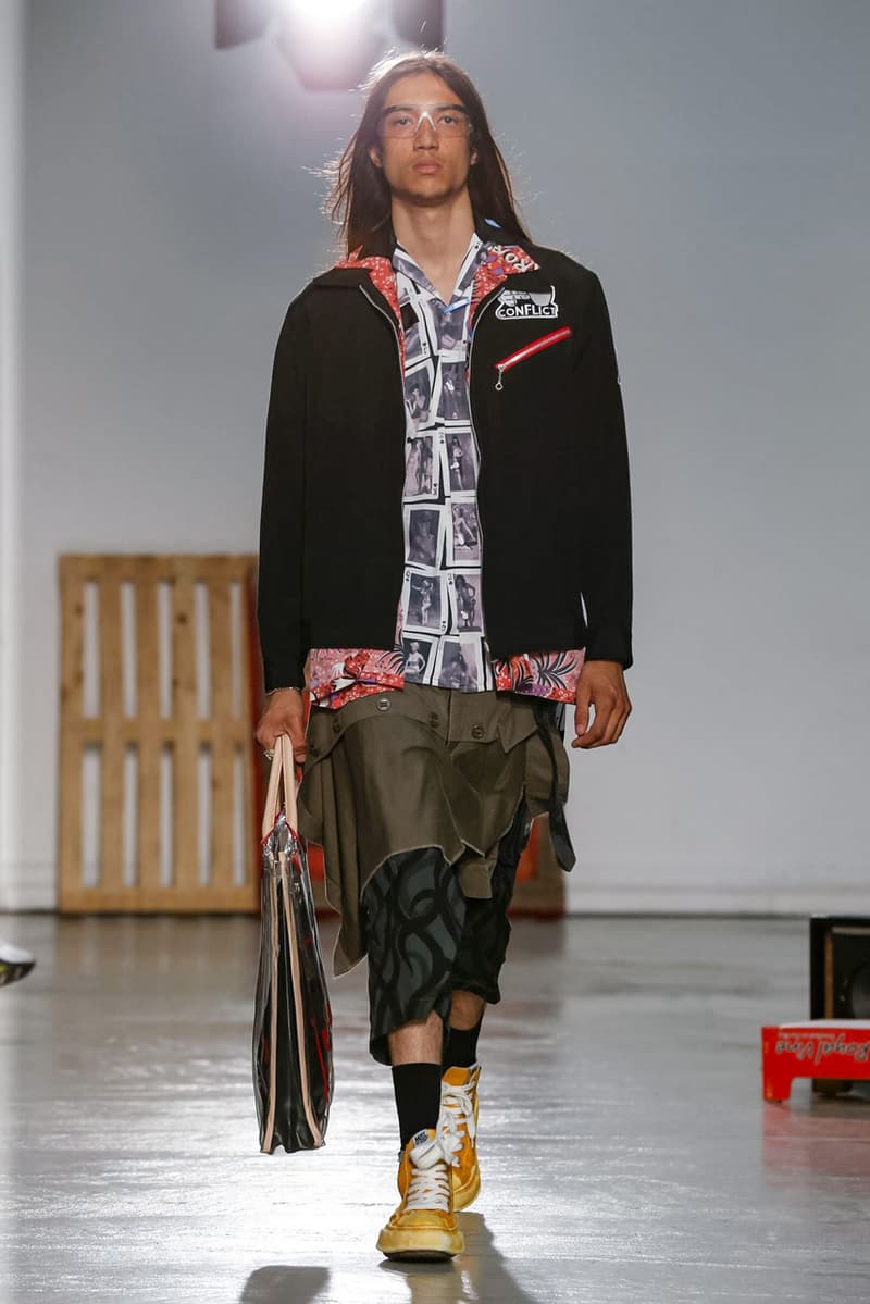 Maison Mihara Yasuhiro Spring Summer 2020 Collection Paris Fashion Week Melting sneakers deconstruction jackets runway fashion biker jacket flames plaid 