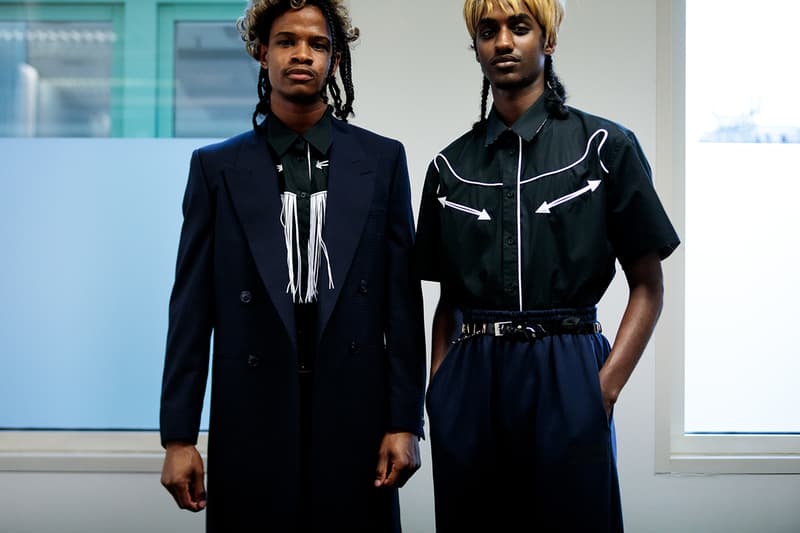 Martine rose london nike spring summer 2020 fashion week mens backstage look closer look promising britain badge t-shirt shirt jersey sweatshirt trouser sneaker trainers