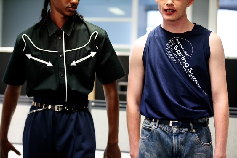 Martine rose london nike spring summer 2020 fashion week mens backstage look closer look promising britain badge t-shirt shirt jersey sweatshirt trouser sneaker trainers