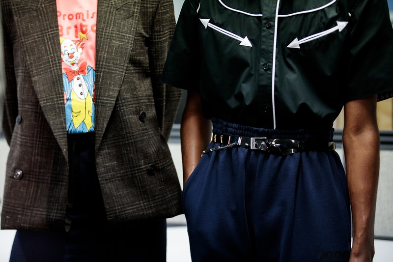 Martine rose london nike spring summer 2020 fashion week mens backstage look closer look promising britain badge t-shirt shirt jersey sweatshirt trouser sneaker trainers