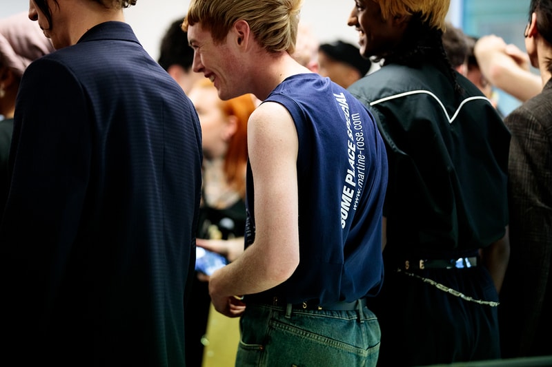 Martine rose london nike spring summer 2020 fashion week mens backstage look closer look promising britain badge t-shirt shirt jersey sweatshirt trouser sneaker trainers