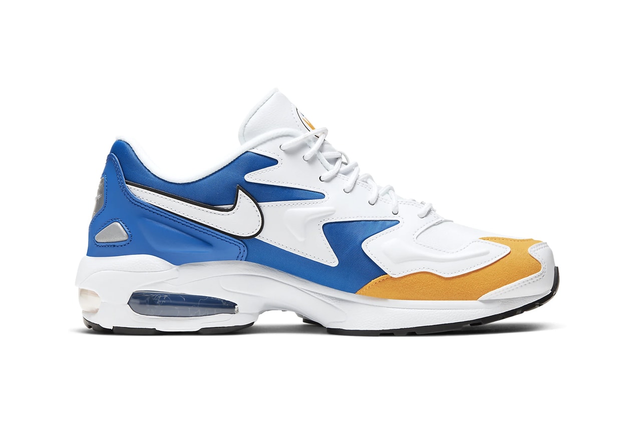 Nike Air Max2 Light Premium Golden State Warriors White University Gold Game Royal Colorway reflective heel reflective air unit sole bubble sneakers swoosh branding logo BV0987-102