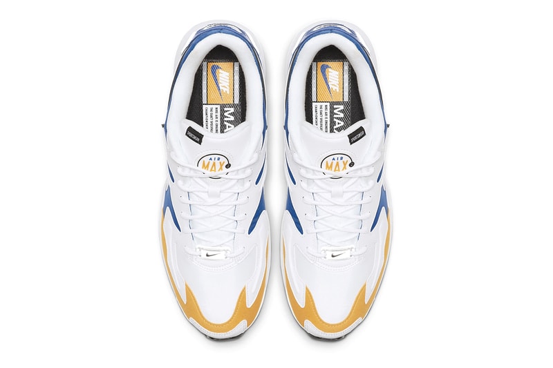 Nike Air Max2 Light Premium Golden State Warriors White University Gold Game Royal Colorway reflective heel reflective air unit sole bubble sneakers swoosh branding logo BV0987-102