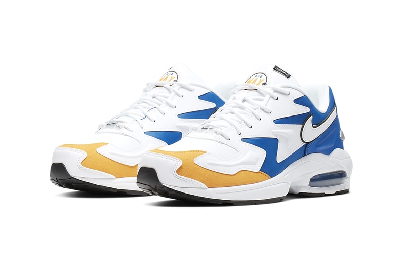 Nike Air Max2 Light Premium Golden State Warriors White University Gold Game Royal Colorway reflective heel reflective air unit sole bubble sneakers swoosh branding logo BV0987-102