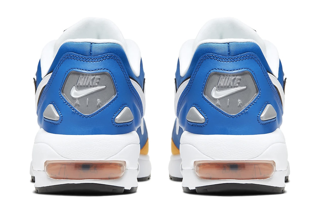 Nike Air Max2 Light Premium Golden State Warriors White University Gold Game Royal Colorway reflective heel reflective air unit sole bubble sneakers swoosh branding logo BV0987-102
