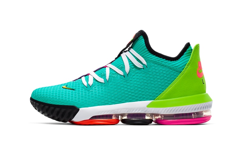 Nike LeBron 16 Low Hyper Jade Total Orange Basketball Shoes cyan teal magenta air unit technical mesh neoprene sock performance July 1 Ci2668-301
