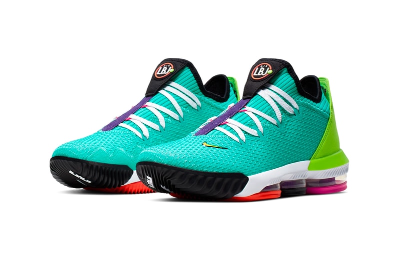 Nike LeBron 16 Low Hyper Jade Total Orange Basketball Shoes cyan teal magenta air unit technical mesh neoprene sock performance July 1 Ci2668-301