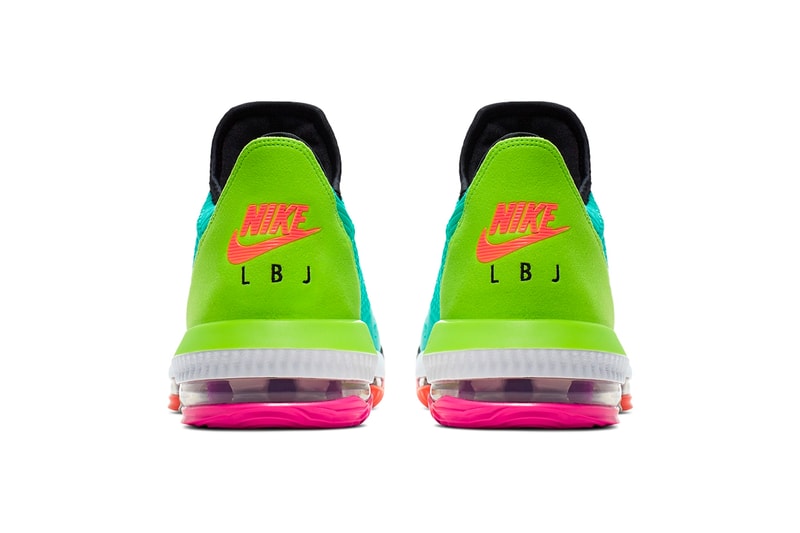 Nike LeBron 16 Low Hyper Jade Total Orange Basketball Shoes cyan teal magenta air unit technical mesh neoprene sock performance July 1 Ci2668-301