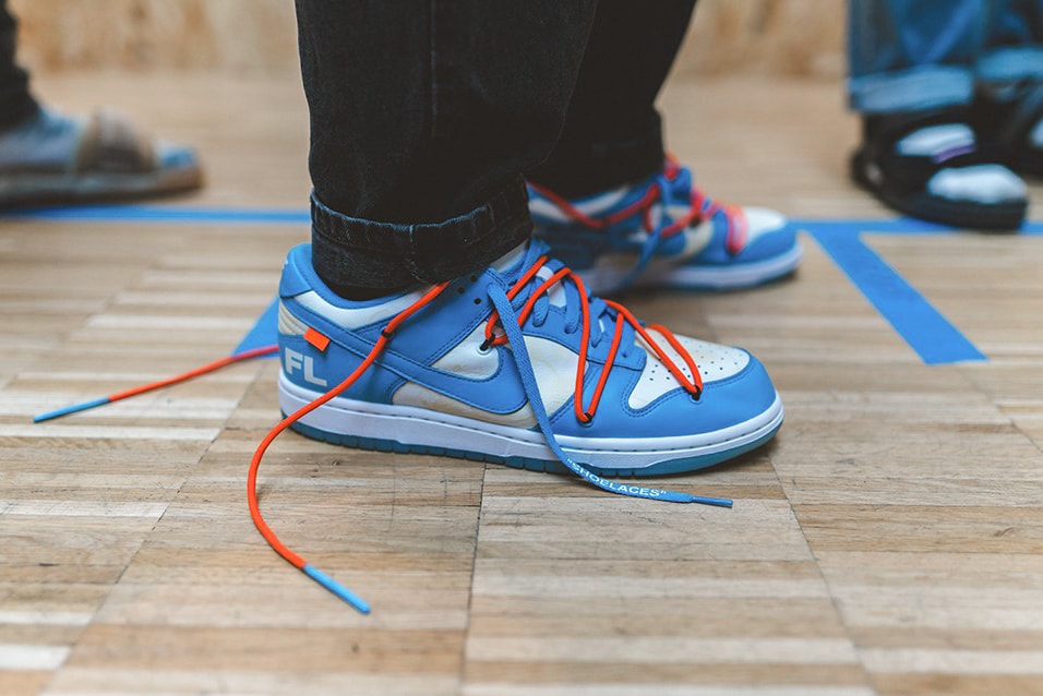 virgil abloh nike sb dunk low paris fashion week pfw spring summer futura 2020 ss20 sneaker release information unc blue orange details first look leak buy cop purchase order