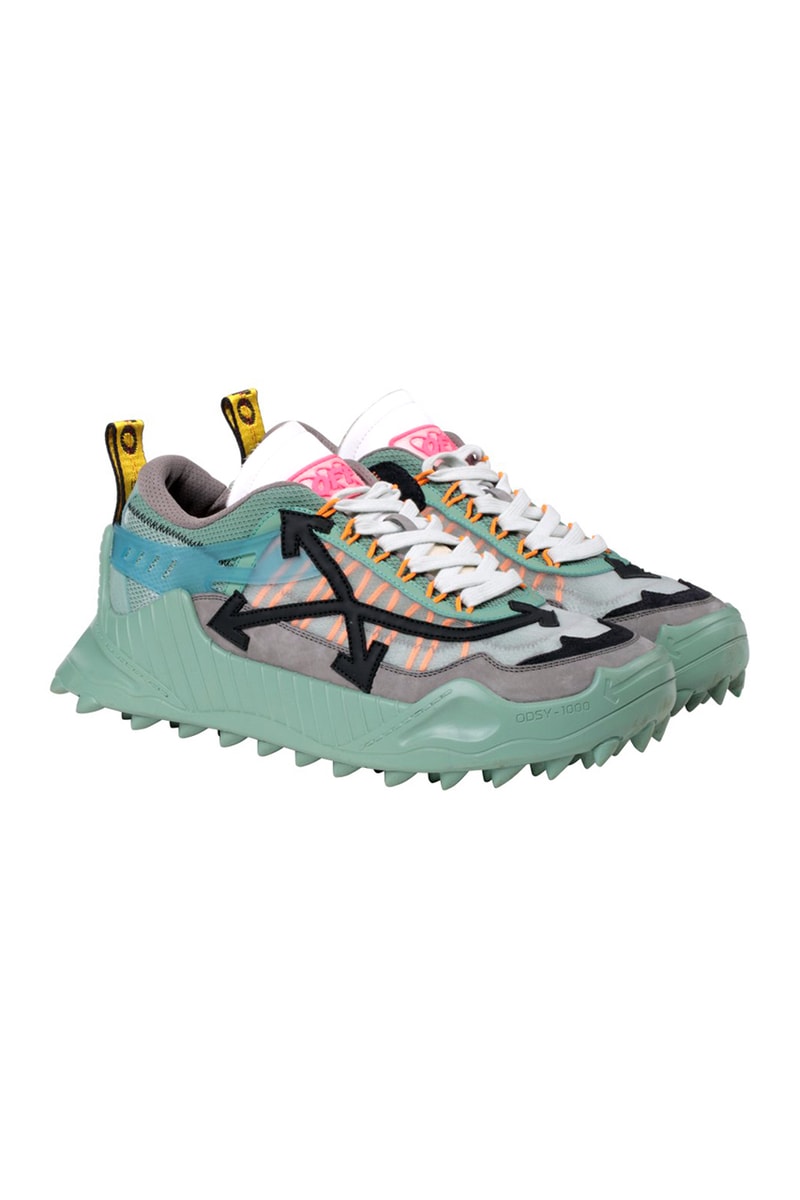 Off-White™ ODSY-1000 Pre-Order Virgil Abloh Trail treaded sneakers footwear teal mens and womens spikes midsole chunky baby blue black blue red fuchsia pink 