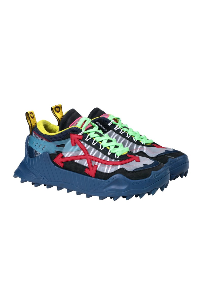 Off-White™ ODSY-1000 Pre-Order Virgil Abloh Trail treaded sneakers footwear teal mens and womens spikes midsole chunky baby blue black blue red fuchsia pink 