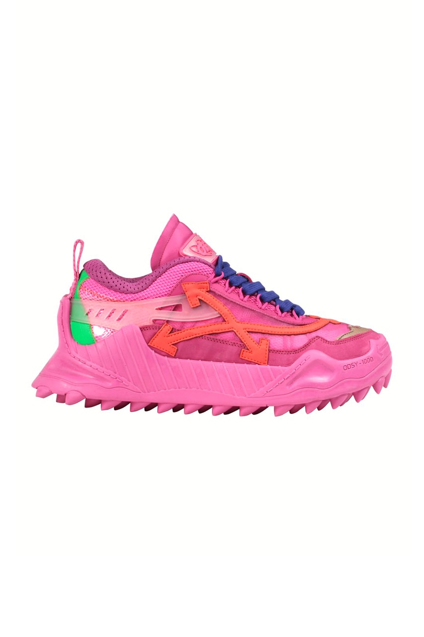 Off-White™ ODSY-1000 Pre-Order Virgil Abloh Trail treaded sneakers footwear teal mens and womens spikes midsole chunky baby blue black blue red fuchsia pink 