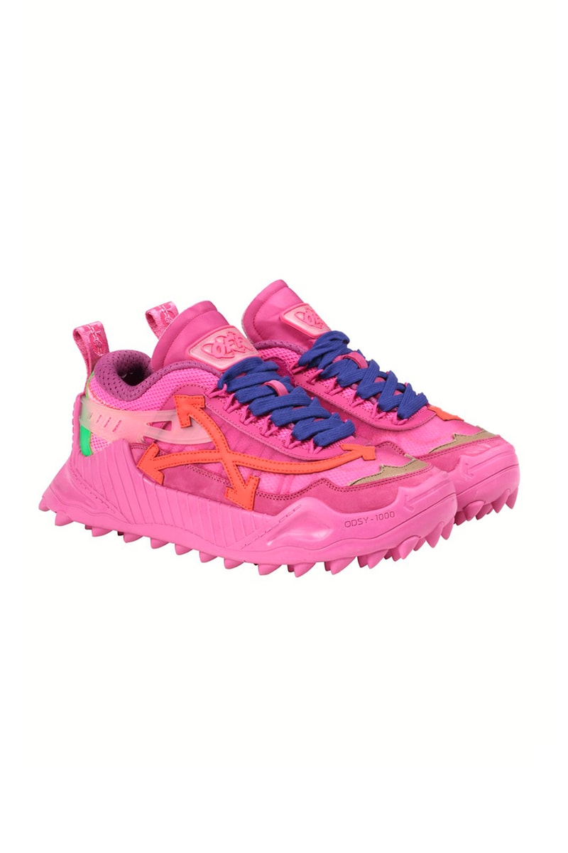 Off-White™ ODSY-1000 Pre-Order Virgil Abloh Trail treaded sneakers footwear teal mens and womens spikes midsole chunky baby blue black blue red fuchsia pink 