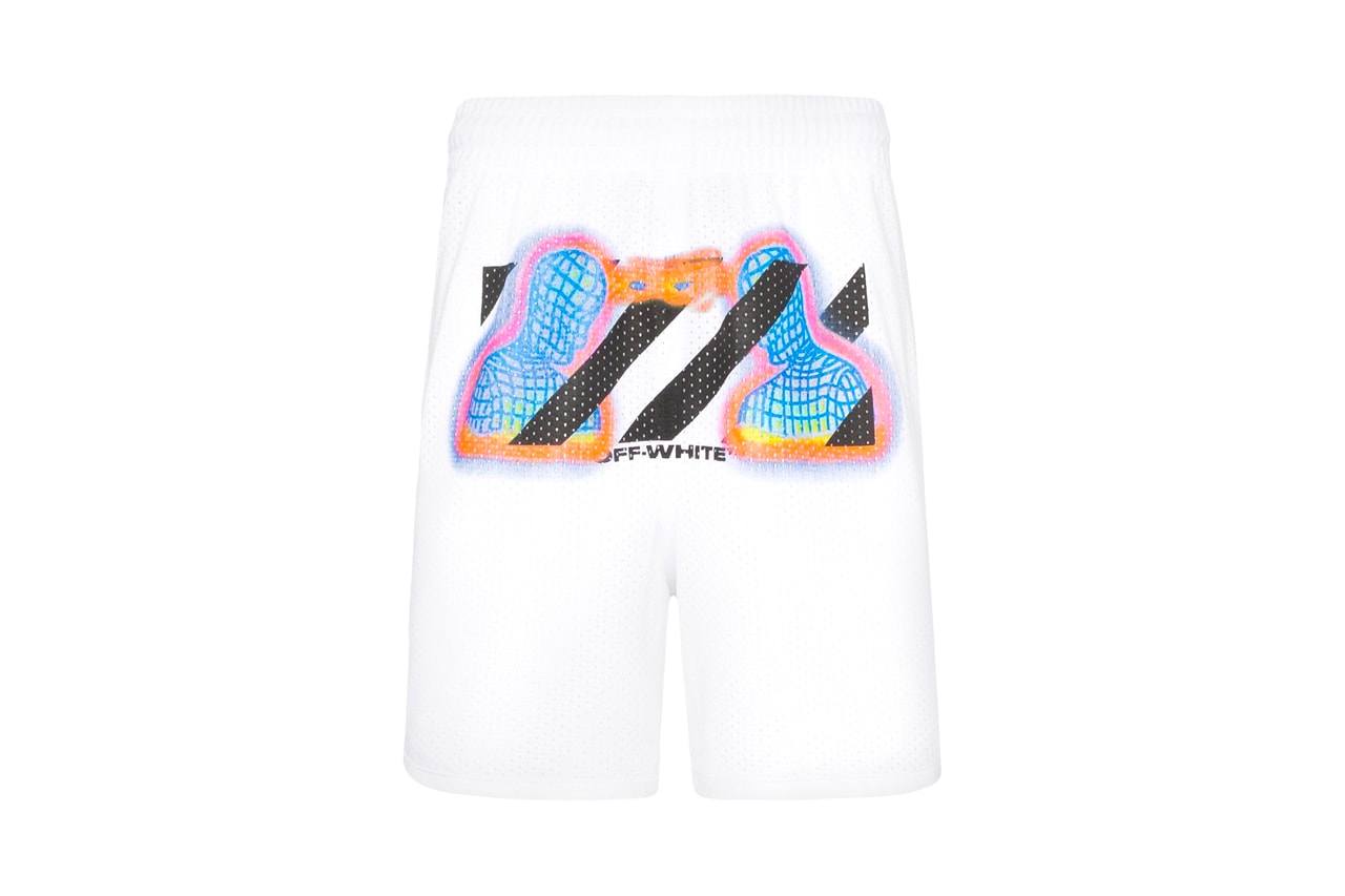 Off White Thermal Print Mesh Shorts Release Info Browns Fashion ss19 spring summer 2019 virgil abloh white retro futuristic pyrex red blue orange yellow
