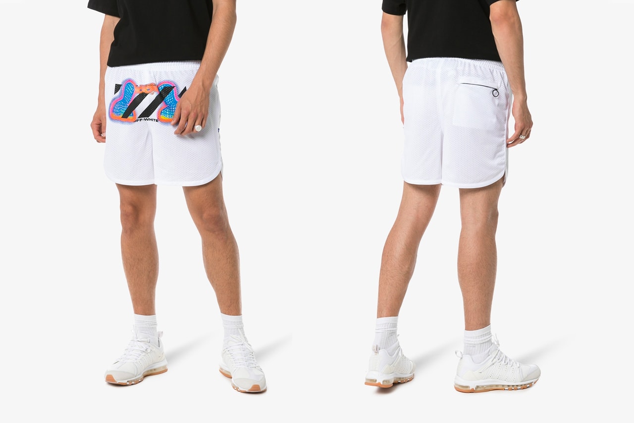 Off White Thermal Print Mesh Shorts Release Info Browns Fashion ss19 spring summer 2019 virgil abloh white retro futuristic pyrex red blue orange yellow
