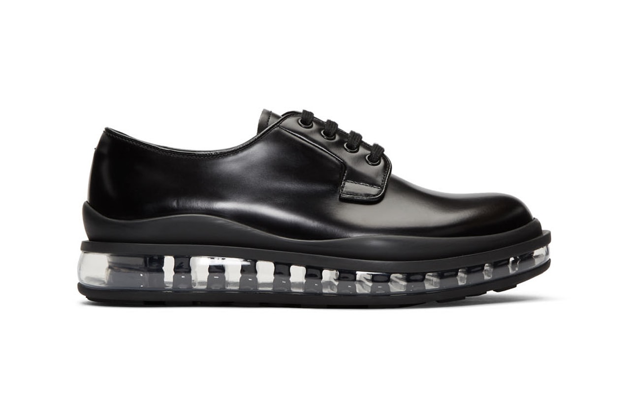 prada black leather bounce derbys shoes release clear translucent sole  