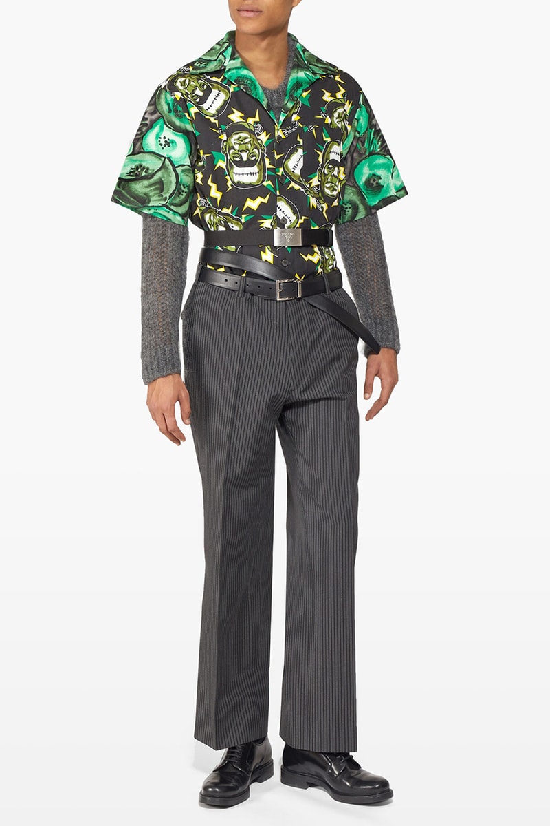 Prada Frankenstein Print Poplin Shirt Cuban Collar Contrast Poppy Pattern Miuccia Fall/Winter 2019 FW19 Collection Runway Piece Dynamic Rose Panel MATCHESFASHION.COM