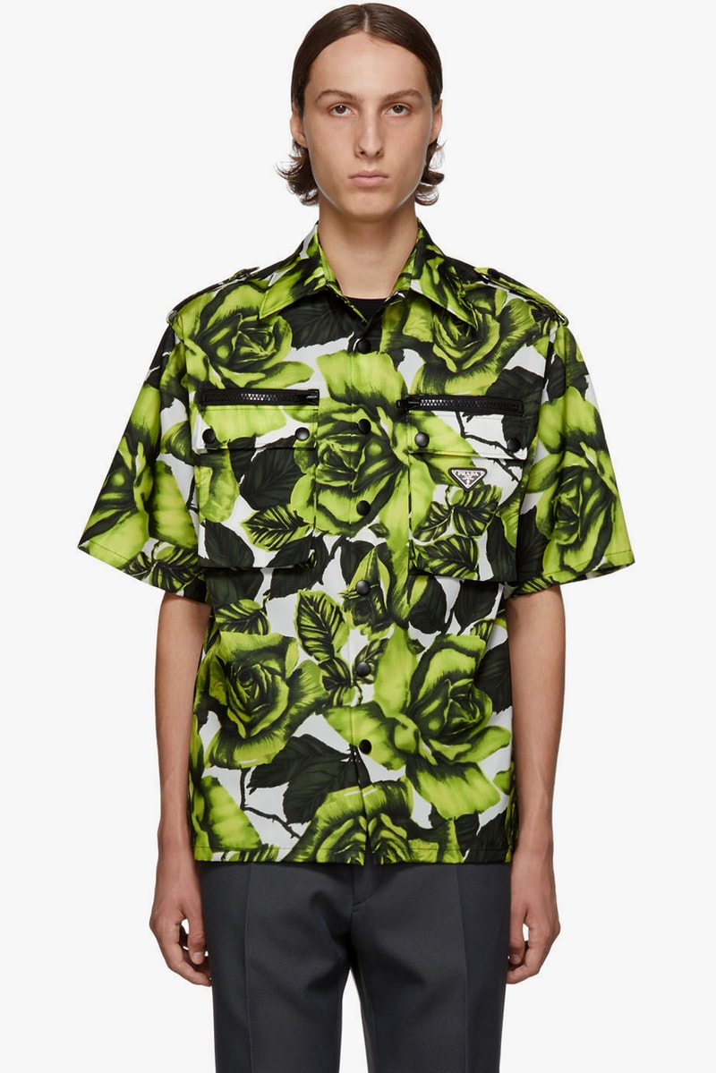 prada green white big rose print bowling shirt release 