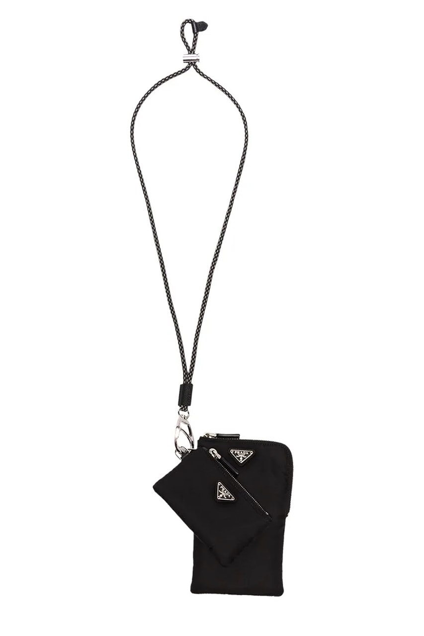 Prada Pocone Lanyard Set Neck Bag Milano Triangle Badge Nylon Black Grey Cord Tie Strap Metal Stopper Emblem Plaques Saffiano Leather Trims 