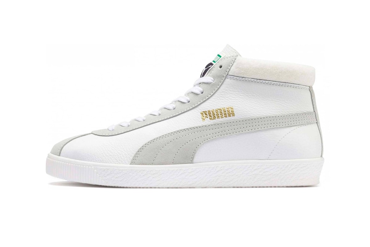 PUMA Basket 68 Mid White Black Vintage Silhouette Sneakers suede soft cotton collar high ankle gold trim side stripes 1968 original archives