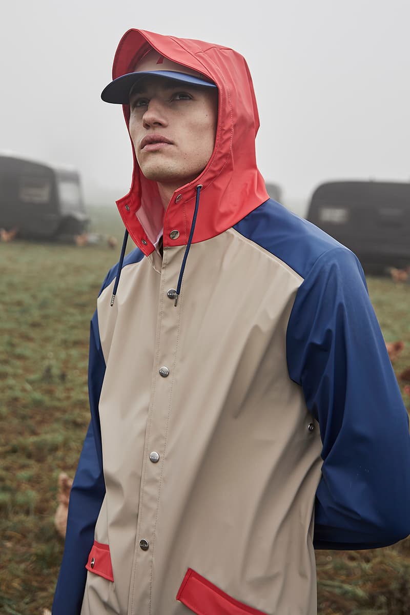 RAINS Color Block Capsule Pre-Fall 2019 Collection Lookbook Chicken Farm Long Jacket Anorak Backpack Dad Cap Boonie Hat Tracksuit Jacket Pants Mini Bum Bag