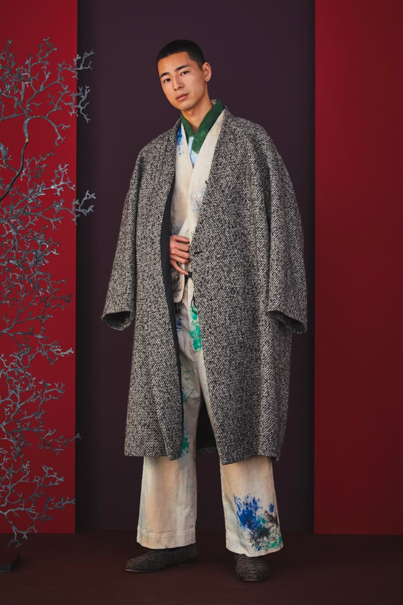 Sasquatchfabrix Fall Winter 2020 Collection Matsurowanumono kimono noragi traditional japanese japan streetwear denim paintsplatter velvet plaid gown happi sumi-e ink tokyo lookbook