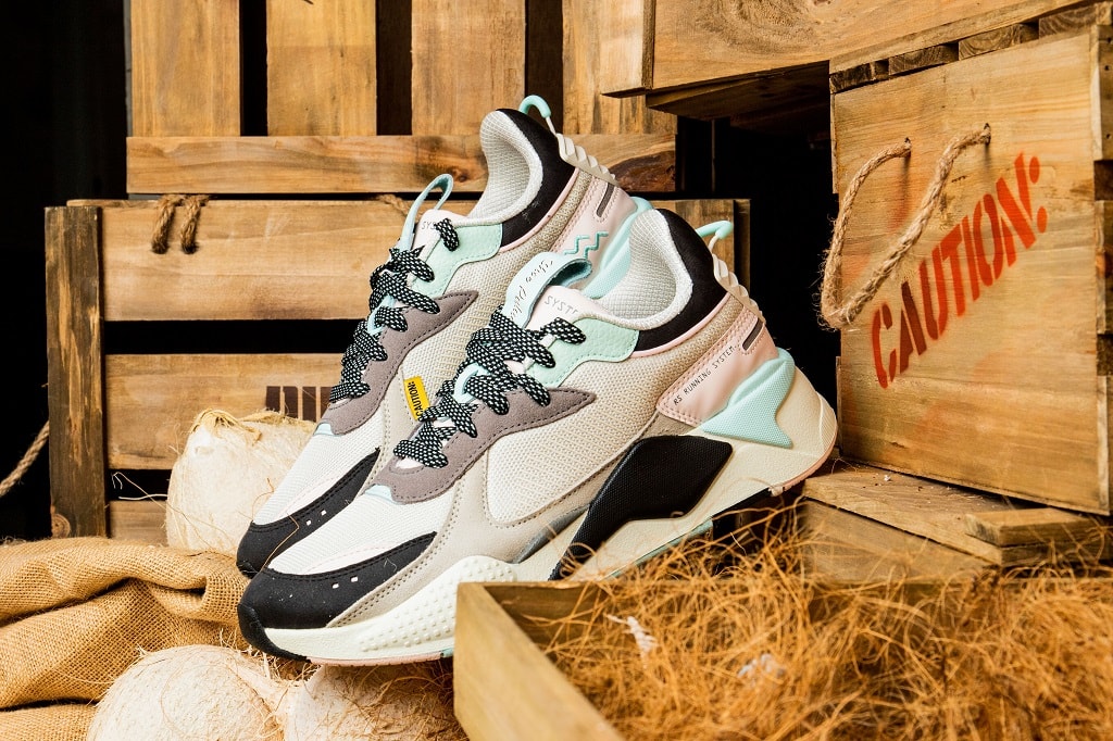 shoe palace shoes sneakers footwear clothes clothing apparel line spring summer 2019 june falling coconuts white teal black grey gray blue rs x collab collaboration puma t shirts tees shorts