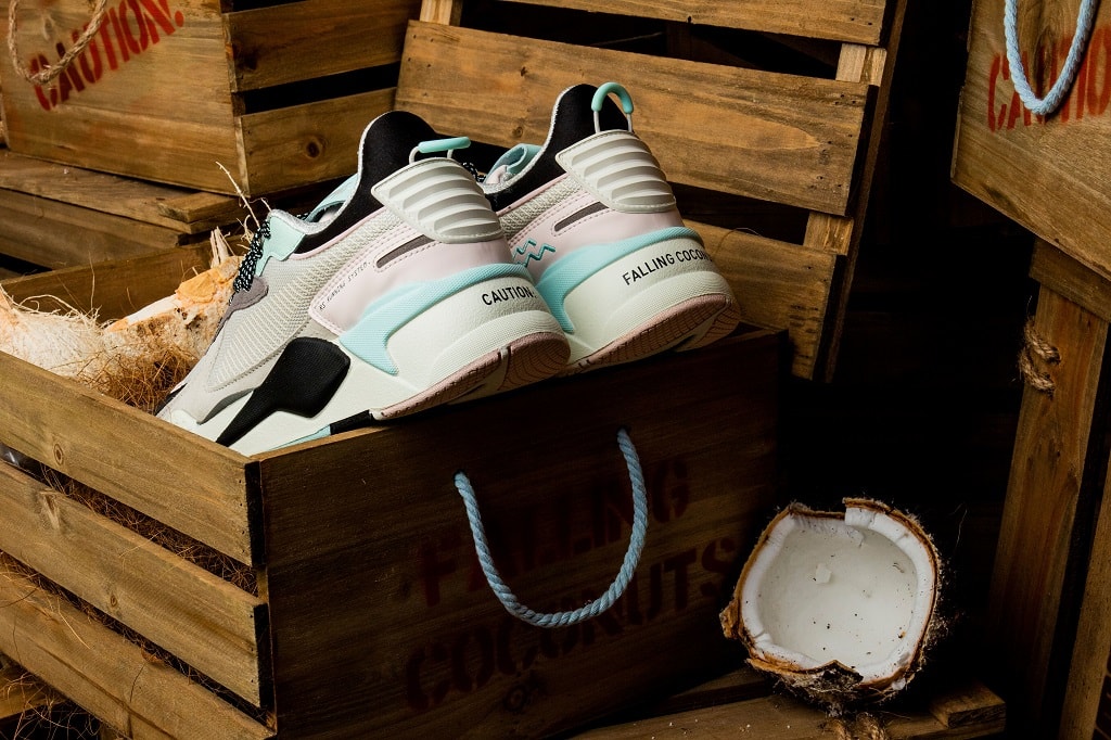 shoe palace shoes sneakers footwear clothes clothing apparel line spring summer 2019 june falling coconuts white teal black grey gray blue rs x collab collaboration puma t shirts tees shorts