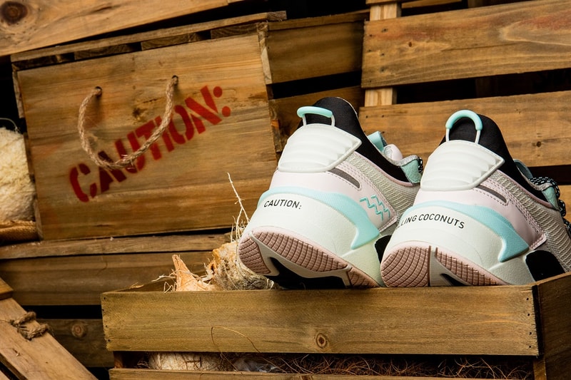 shoe palace shoes sneakers footwear clothes clothing apparel line spring summer 2019 june falling coconuts white teal black grey gray blue rs x collab collaboration puma t shirts tees shorts