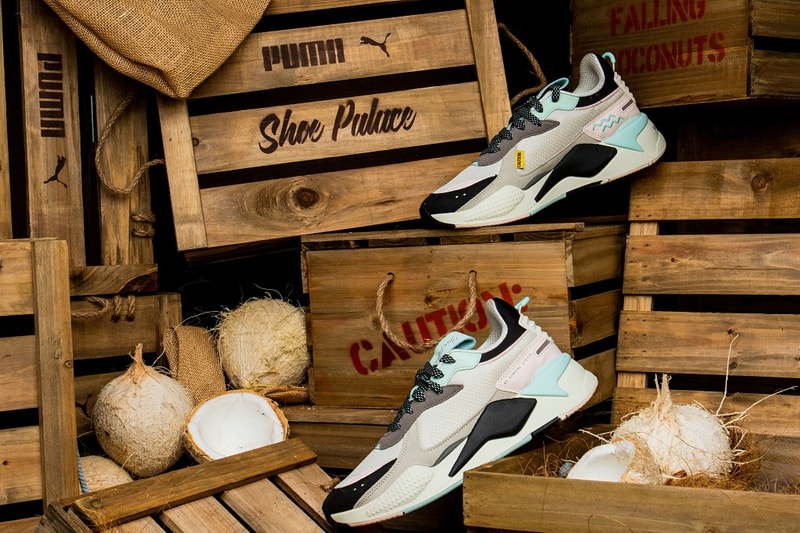 shoe palace shoes sneakers footwear clothes clothing apparel line spring summer 2019 june falling coconuts white teal black grey gray blue rs x collab collaboration puma t shirts tees shorts