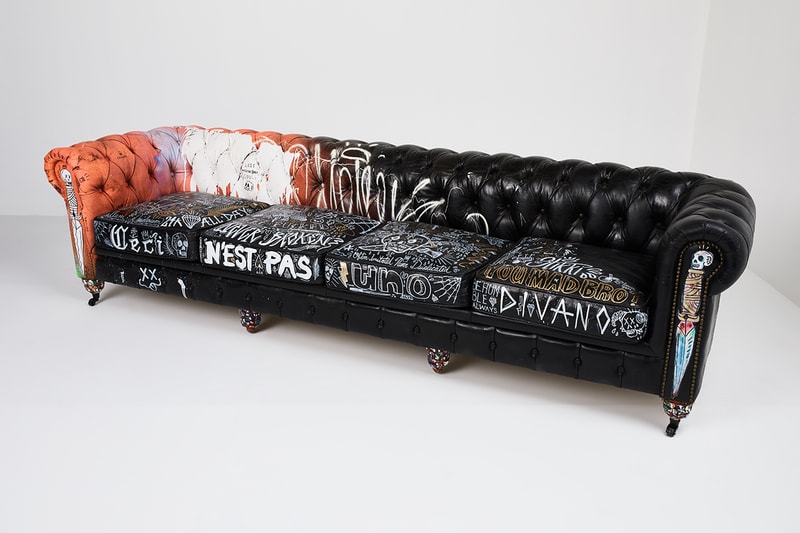 Bois & Cuir Store Stikki Peaches x CDI Furniture 'Ceci N’est Pas Un Divan' Collection Canadian Graffiti Artists Artwork Covered Sofa Four Distressed Vintage Chesterfield Divans Artworks Release Information