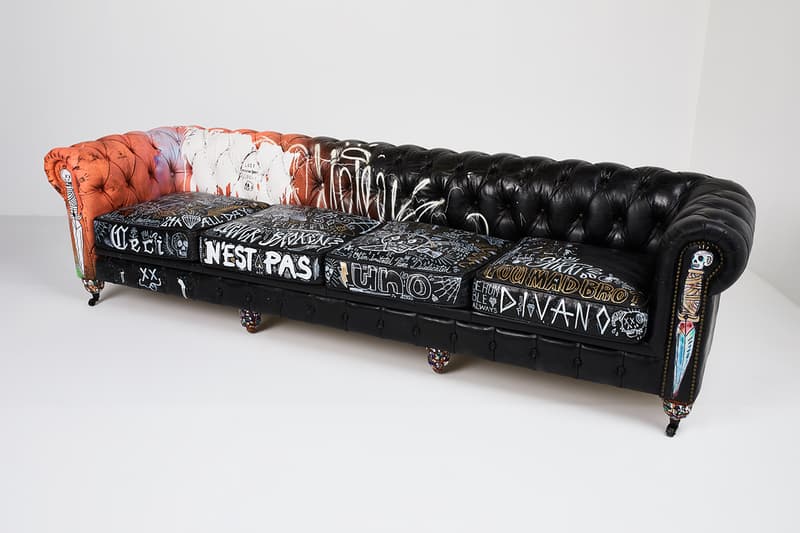 Bois & Cuir Store Stikki Peaches x CDI Furniture 'Ceci N’est Pas Un Divan' Collection Canadian Graffiti Artists Artwork Covered Sofa Four Distressed Vintage Chesterfield Divans Artworks Release Information