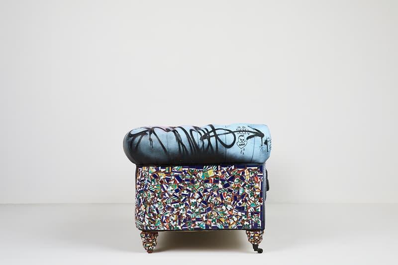 Bois & Cuir Store Stikki Peaches x CDI Furniture 'Ceci N’est Pas Un Divan' Collection Canadian Graffiti Artists Artwork Covered Sofa Four Distressed Vintage Chesterfield Divans Artworks Release Information