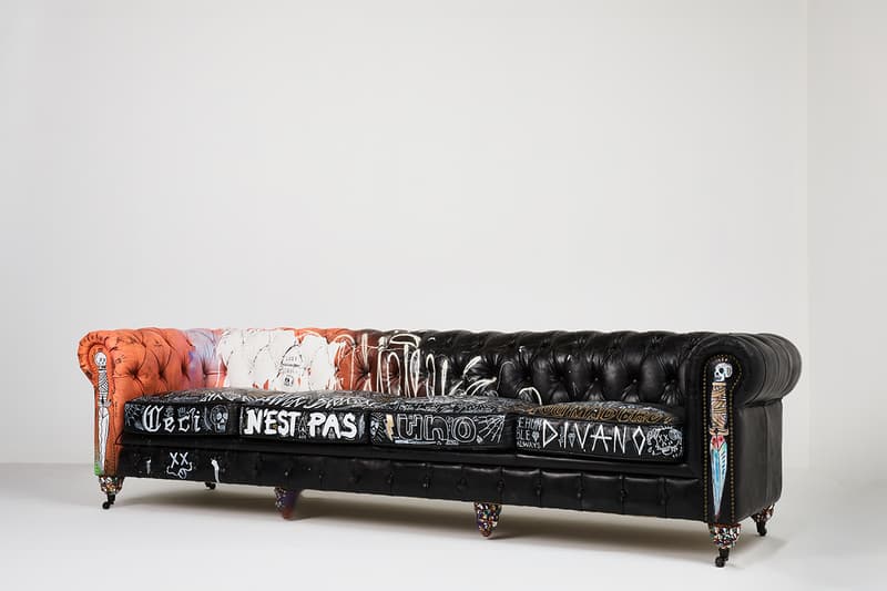 Bois & Cuir Store Stikki Peaches x CDI Furniture 'Ceci N’est Pas Un Divan' Collection Canadian Graffiti Artists Artwork Covered Sofa Four Distressed Vintage Chesterfield Divans Artworks Release Information