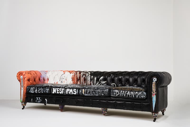 Bois & Cuir Store Stikki Peaches x CDI Furniture 'Ceci N’est Pas Un Divan' Collection Canadian Graffiti Artists Artwork Covered Sofa Four Distressed Vintage Chesterfield Divans Artworks Release Information