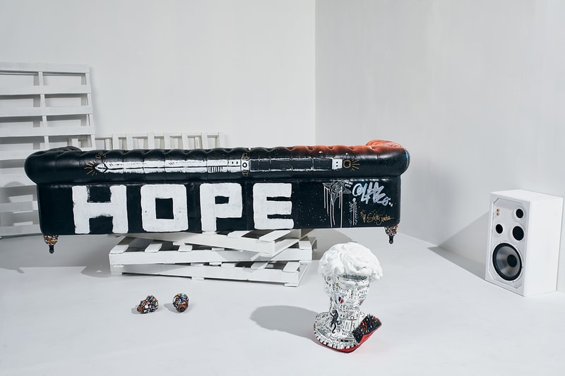 Bois & Cuir Store Stikki Peaches x CDI Furniture 'Ceci N’est Pas Un Divan' Collection Canadian Graffiti Artists Artwork Covered Sofa Four Distressed Vintage Chesterfield Divans Artworks Release Information