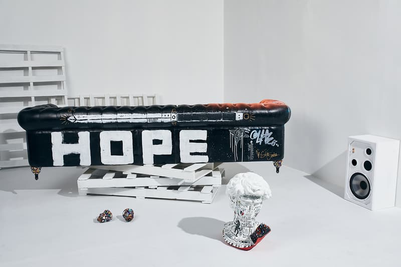 Bois & Cuir Store Stikki Peaches x CDI Furniture 'Ceci N’est Pas Un Divan' Collection Canadian Graffiti Artists Artwork Covered Sofa Four Distressed Vintage Chesterfield Divans Artworks Release Information