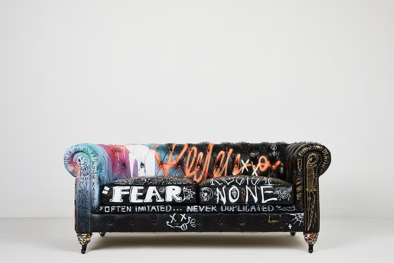 Bois & Cuir Store Stikki Peaches x CDI Furniture 'Ceci N’est Pas Un Divan' Collection Canadian Graffiti Artists Artwork Covered Sofa Four Distressed Vintage Chesterfield Divans Artworks Release Information