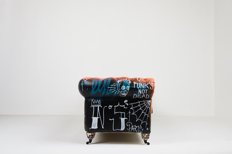 Bois & Cuir Store Stikki Peaches x CDI Furniture 'Ceci N’est Pas Un Divan' Collection Canadian Graffiti Artists Artwork Covered Sofa Four Distressed Vintage Chesterfield Divans Artworks Release Information